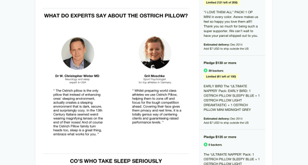 Ostrich Pillow Kickstarter Expert social proof Social Proof ReferralCandy