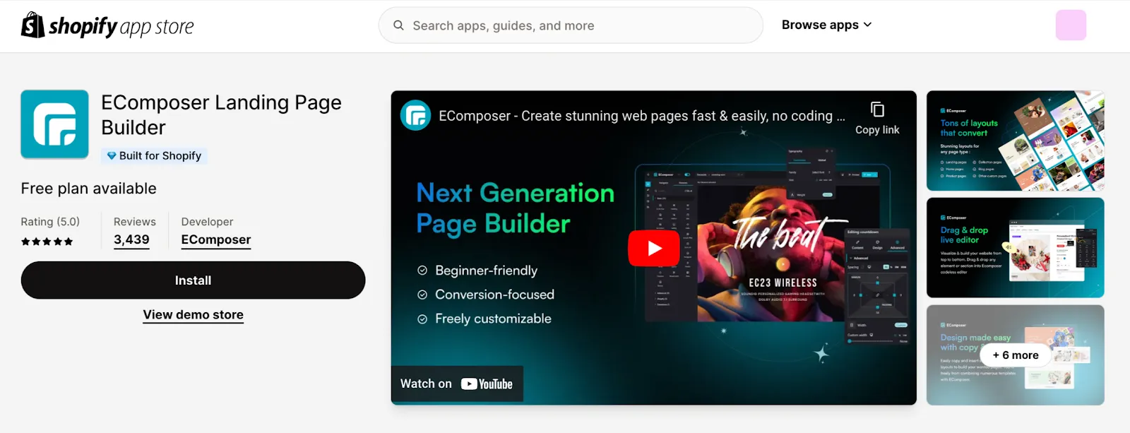 Ecomposer shopify app page