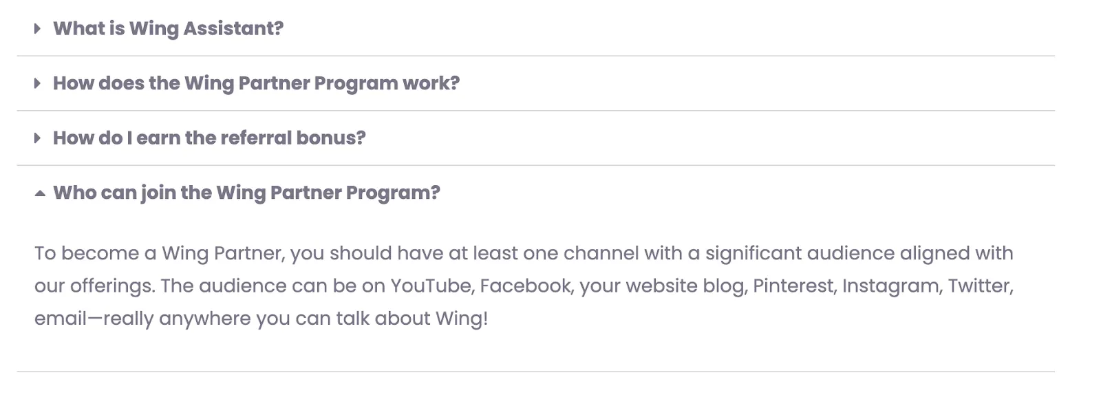 Wing Assistant FAQ page