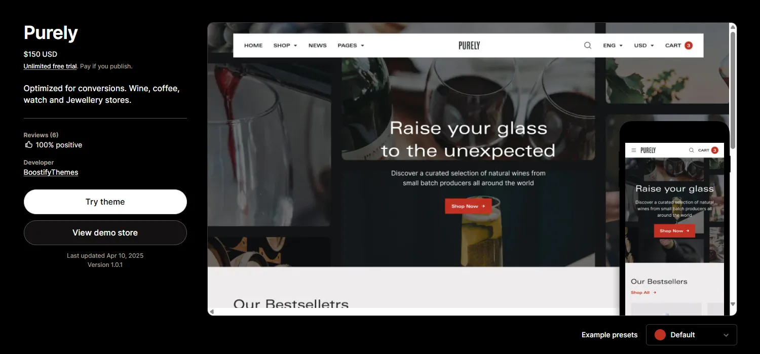 Purely Shopify theme landing page