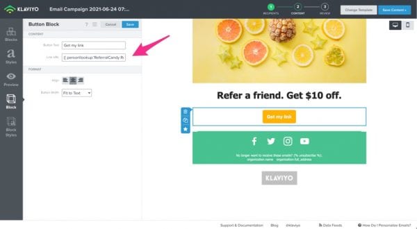 Unique referral link in Klaviyo