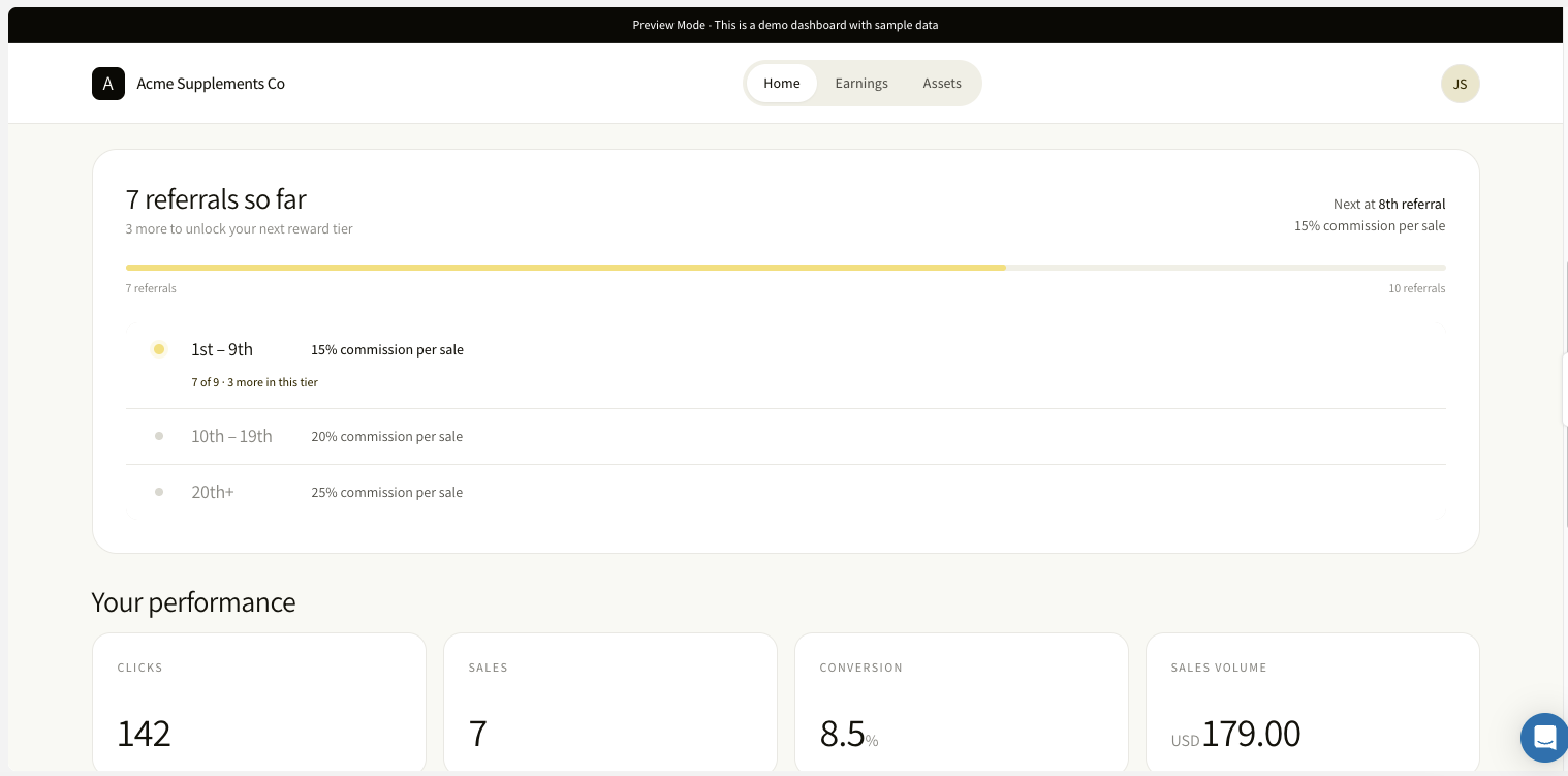 ReferralCandy affiliate portal showing referral progress and commission tiers