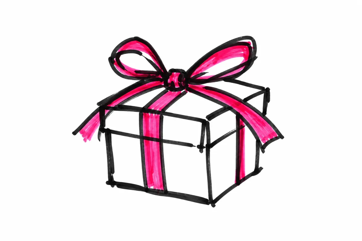 Loose black marker sketch of a small gift box with a magenta ribbon bow on white