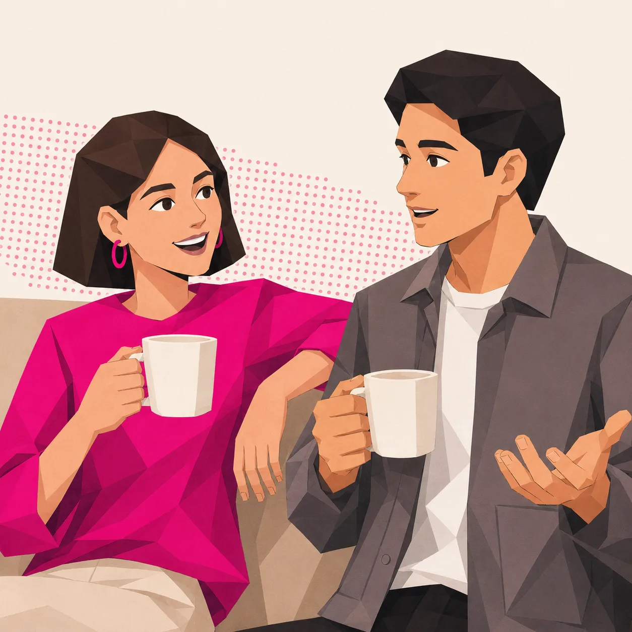 Ilustración de dos amigos conversando en el sofá con sus tazas de café mientras uno le recomienda una marca al otro