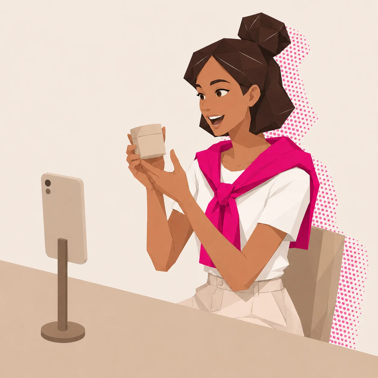 Ilustración de una creadora de contenido mostrando un producto frente al móvil montado en un trípode mientras graba una reseña