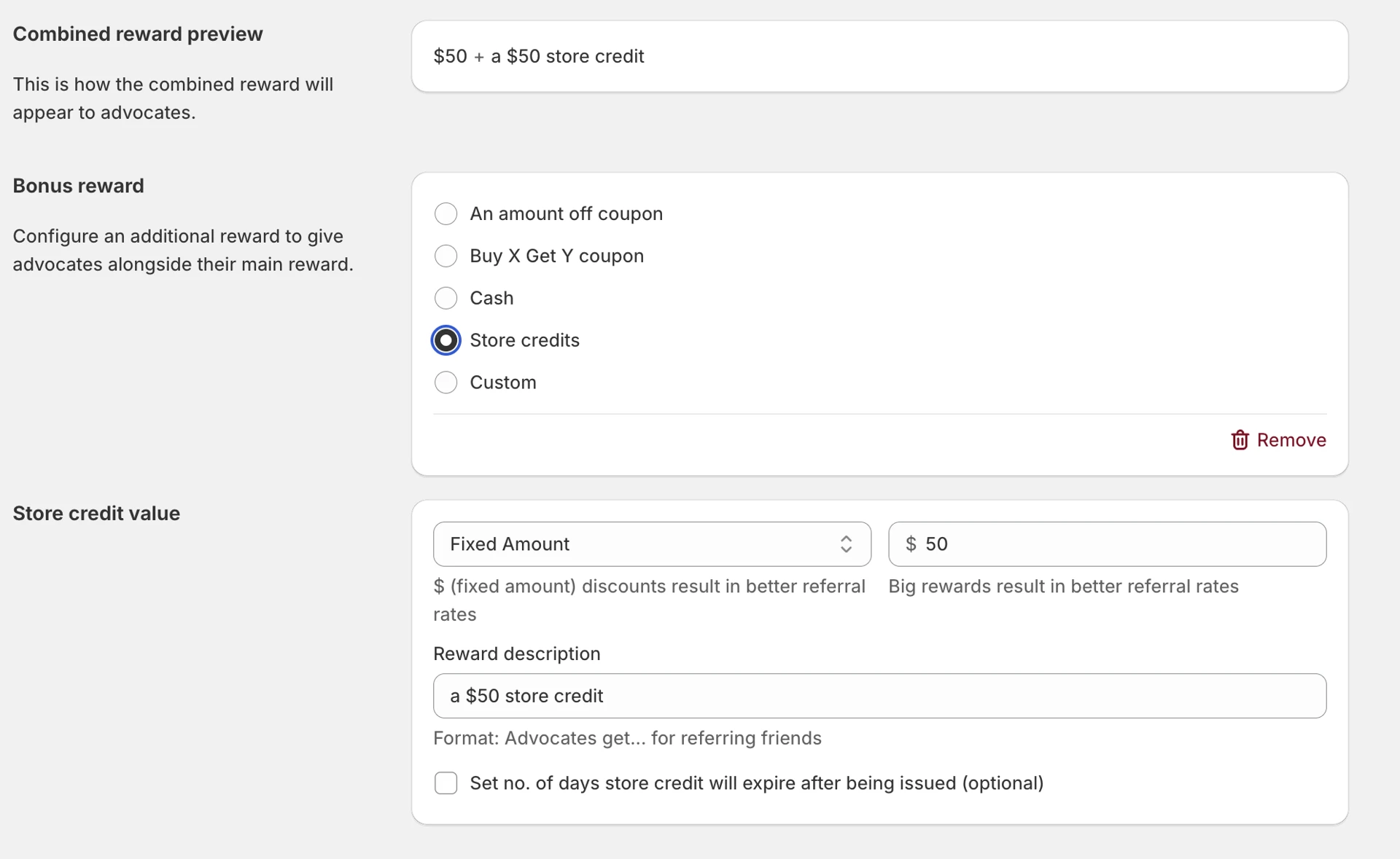 Reward settings showing a bonus advocate reward added on top of an existing tier reward
