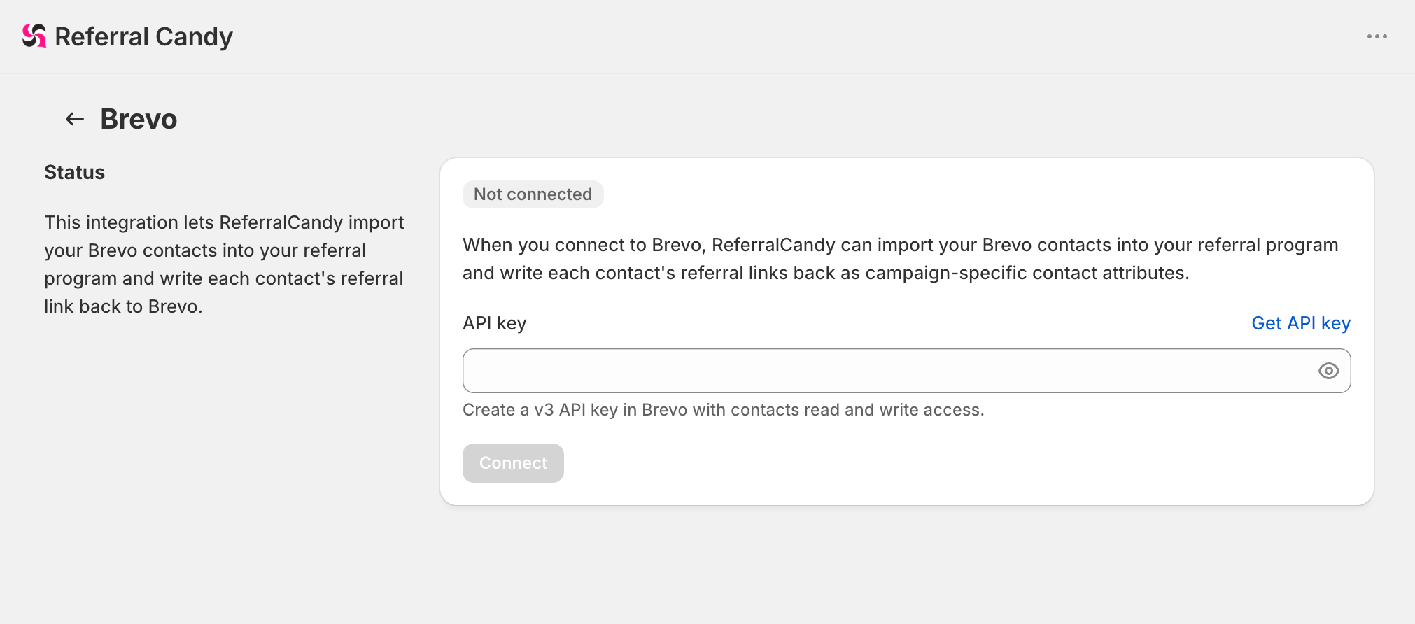 ReferralCandy’s Brevo integration page showing Not connected status, the API key field, Get API key link, and Connect button