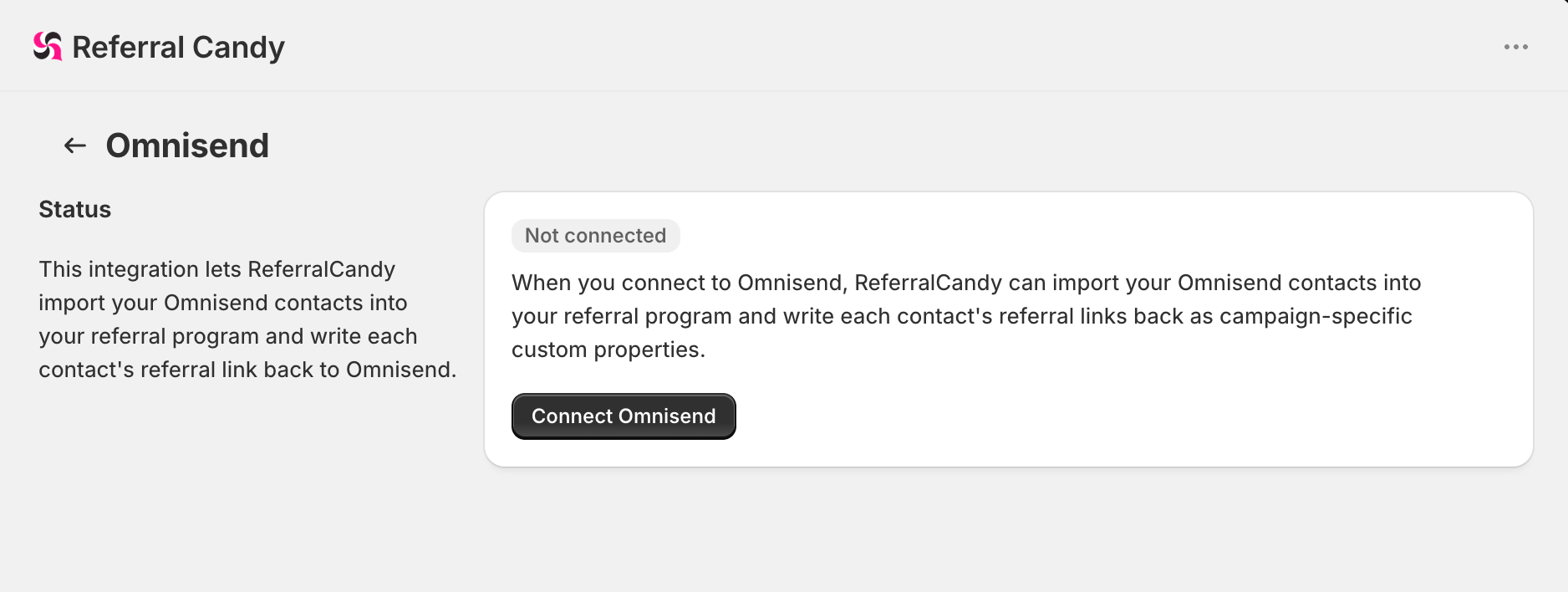 ReferralCandy’s Omnisend integration page showing Not connected status and the Connect Omnisend button