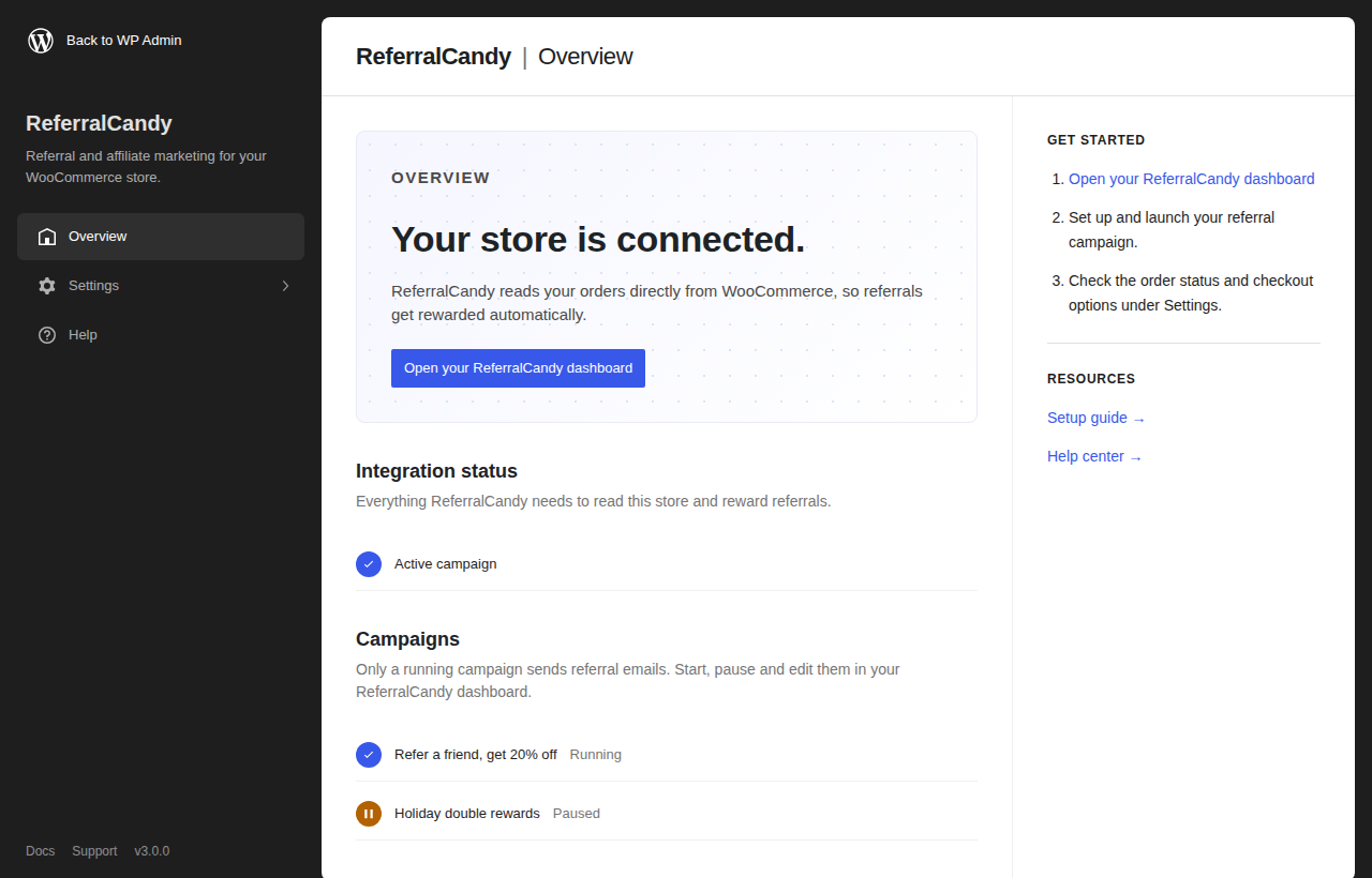 ReferralCandy for WooCommerce 3.0 overview showing a connected store and its referral campaigns