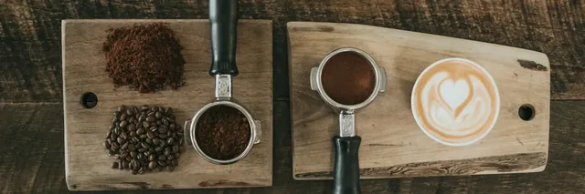 Coffee beans, espresso and a freshly poured latte
